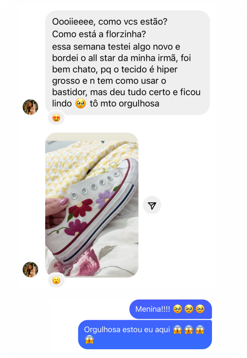 Print real de aluna mostrando um tênis bordado e relatando sua experiência.